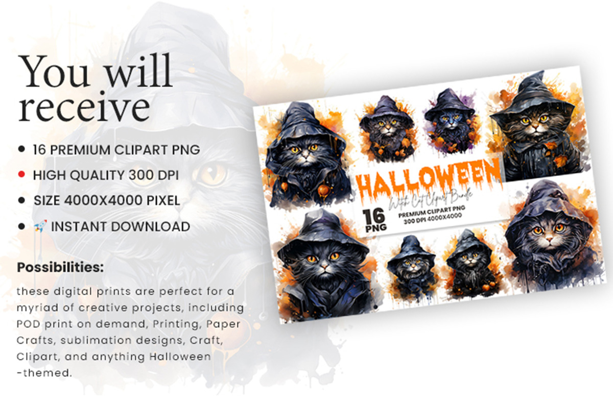 Halloween Cat Witch Clipart Bundle, a Seasonal Illustration by Creative Arslan (Photo 3 of 9)