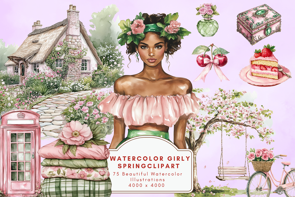 Watercolor Girly Spring Clipart, an Illustration by NadiaTheronArt (Photo 1 of 5)