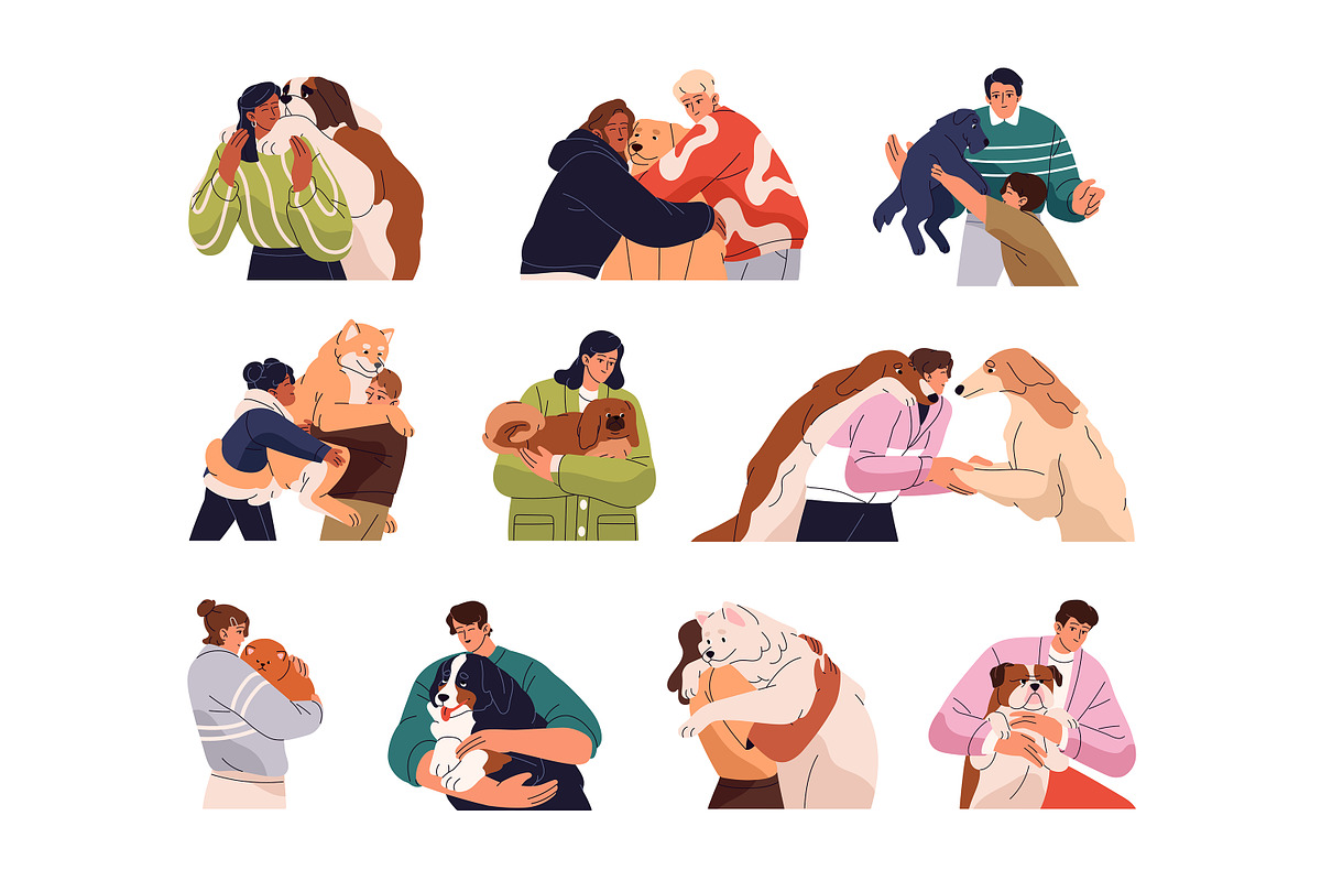 Happy people hugging cute dogs set, an Animal Illustration by PaperTrident (Photo 1 of 11)