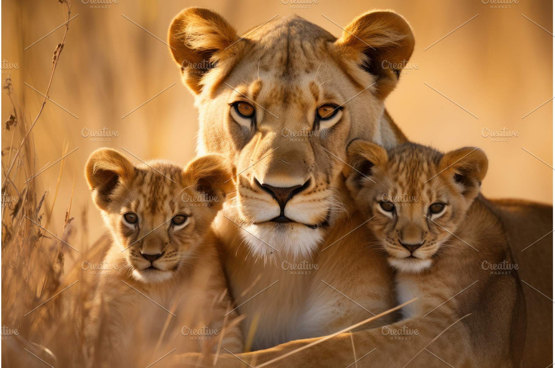 Protective Lioness her cubs sunset, an Animal Photo by Ylivdesign