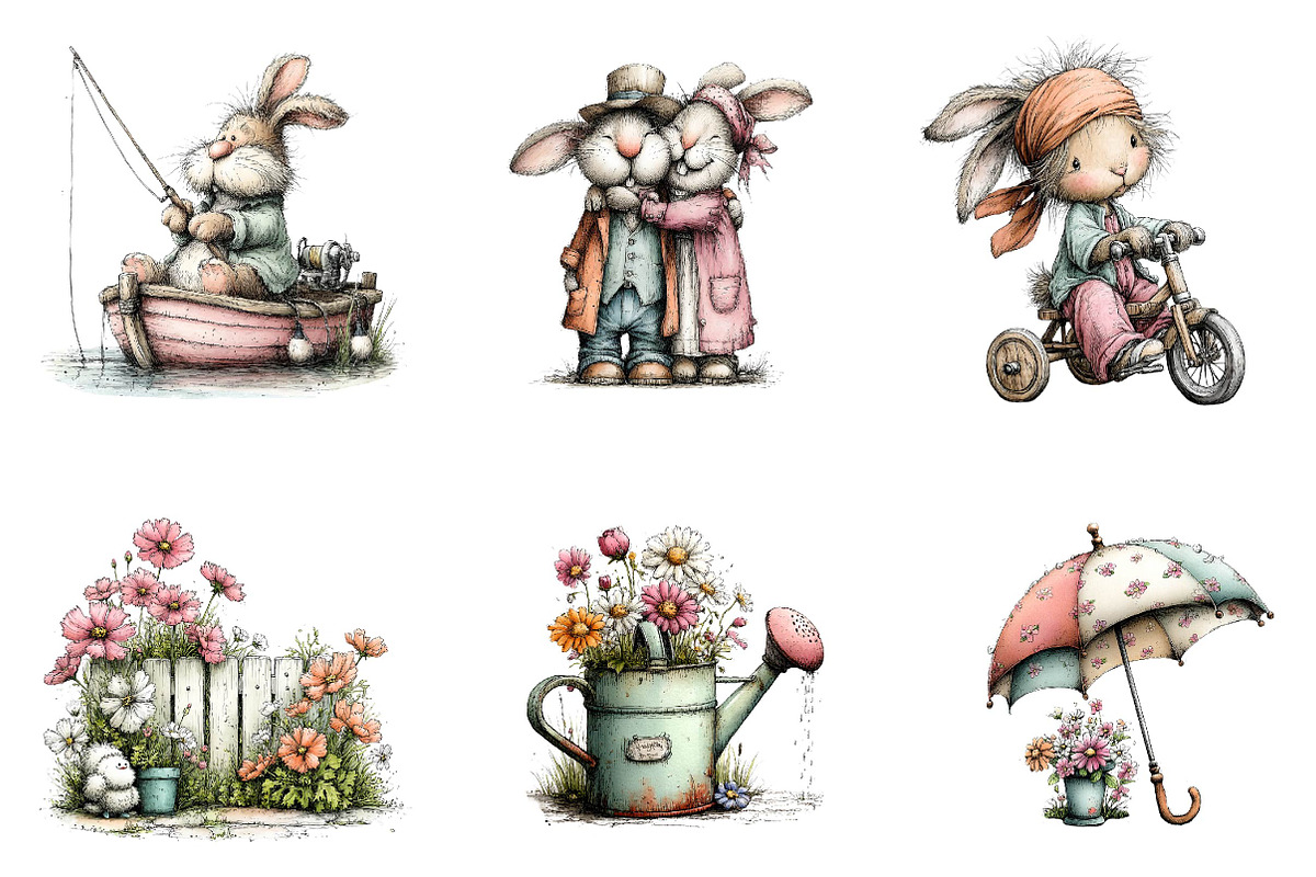 Vintage easter spring bunny clipart, an Illustration by CreationArt (Photo 2 of 7)