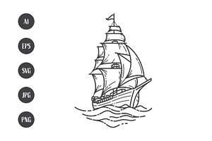 Line art of sailing ship at sea, a Transportation Illustration by Saba Vector