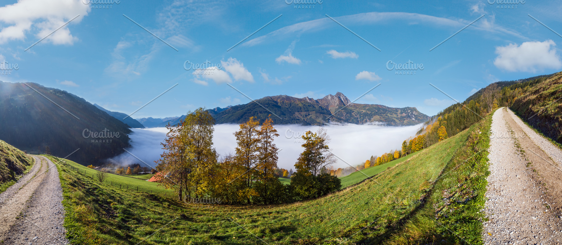 Peaceful misty autumn morning mountain view from hiking path nea, a Nature Photo by YuriyB