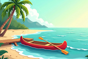 Island Canoe Dock With Surf And Palm, a Photo by LOGOCREATIVE