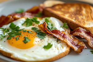 Fried eggs with bacon and toast on p, a Food & Drink Photo by Photostock