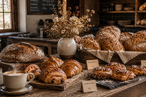 Fresh bread coffee display, a Photo by Beautiful things