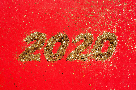 New 2020 year in golden glitter featuring 2020, happy new year, and red