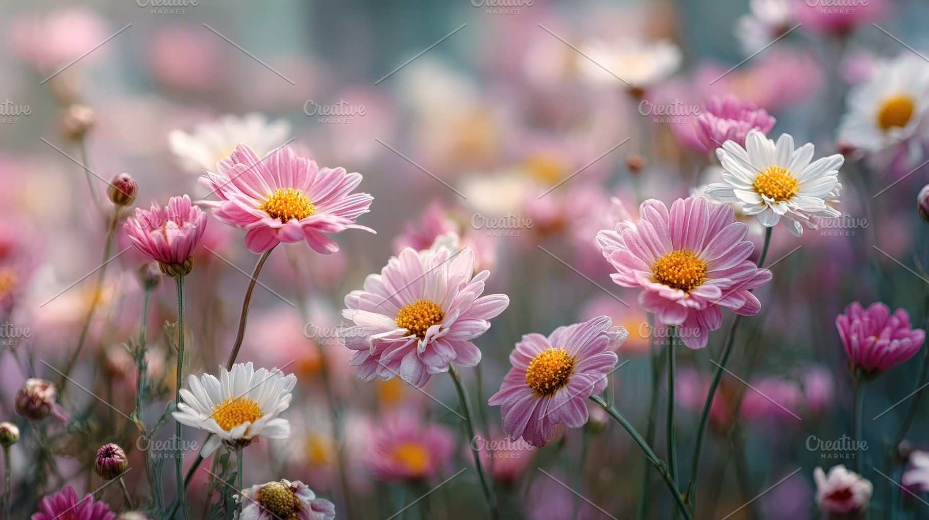 Pink and white daisies in a field so, a Photo by Pixeness Studio