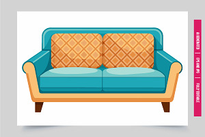 Cartoon blue couch orange pillows, an Illustration by Tanuart