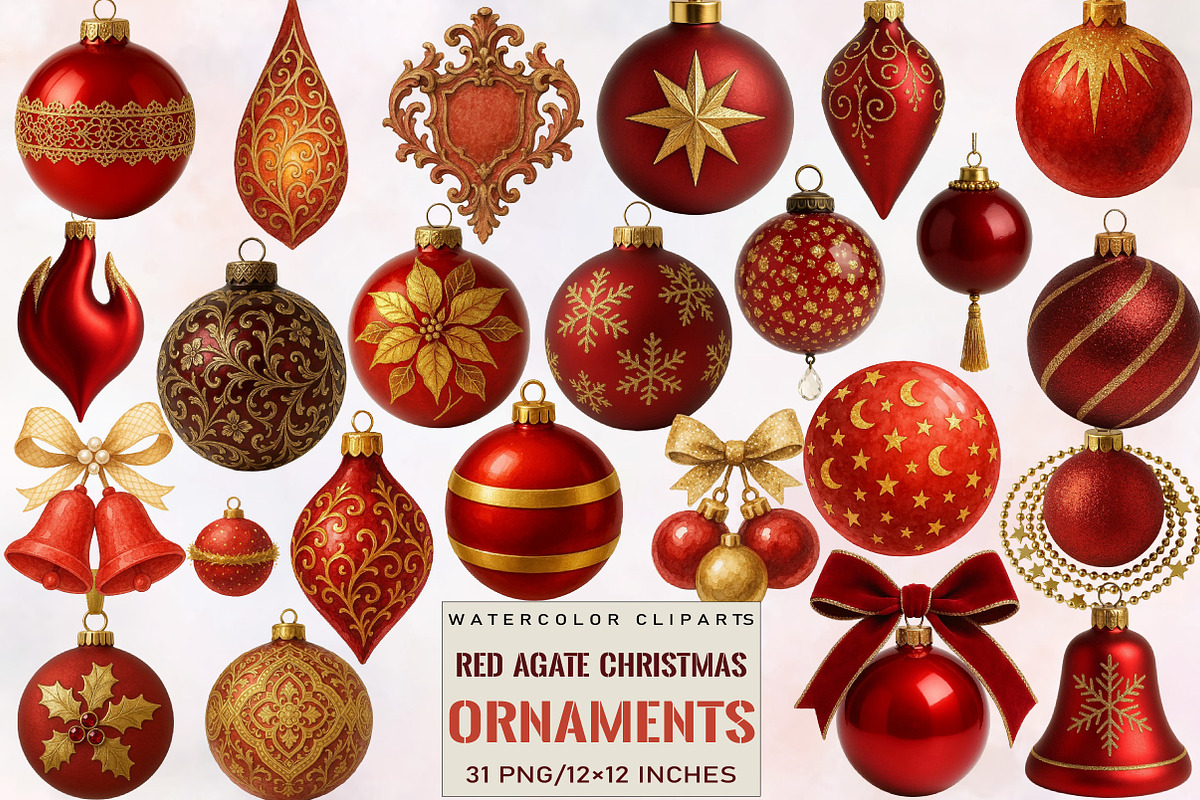 Red Gold Christmas Ornaments Clipart, an Illustration by SVGArt (Photo 1 of 8)