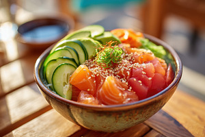 Salmon sashimi bowl with rice and vegetables, a Food & Drink Photo by AlyaAnd