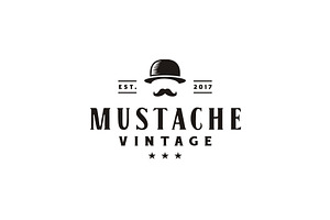 Bowler Mustache Hipster Vintage Logo