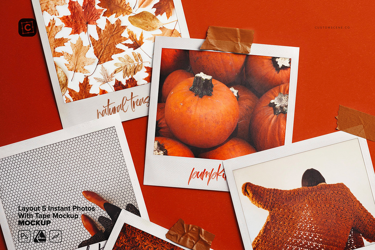 5 Instant Photos With Tape Mockup, a Product Mockup by Custom Scene (Photo 1 of 8)
