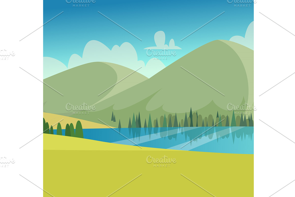 Outdoor lake landscape with hills, a Graphic by Onyx