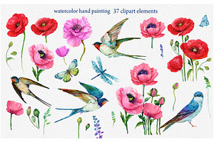 Red Poppies, Flowers Clipart, Bird,