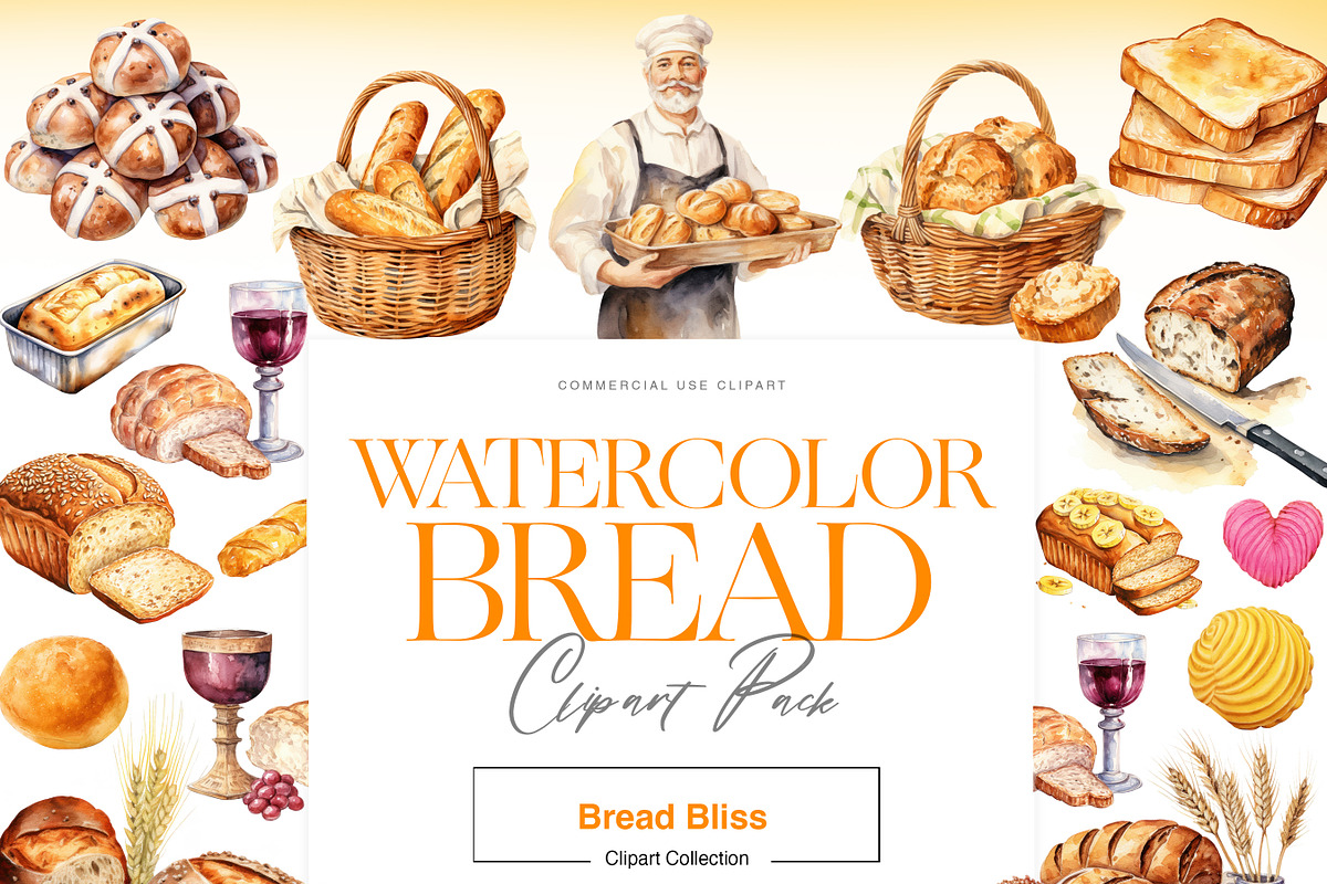 Watercolor Bread Clipart, Bread Loaf, a Food Illustration by BrushstrokeArtGB (Photo 1 of 8)