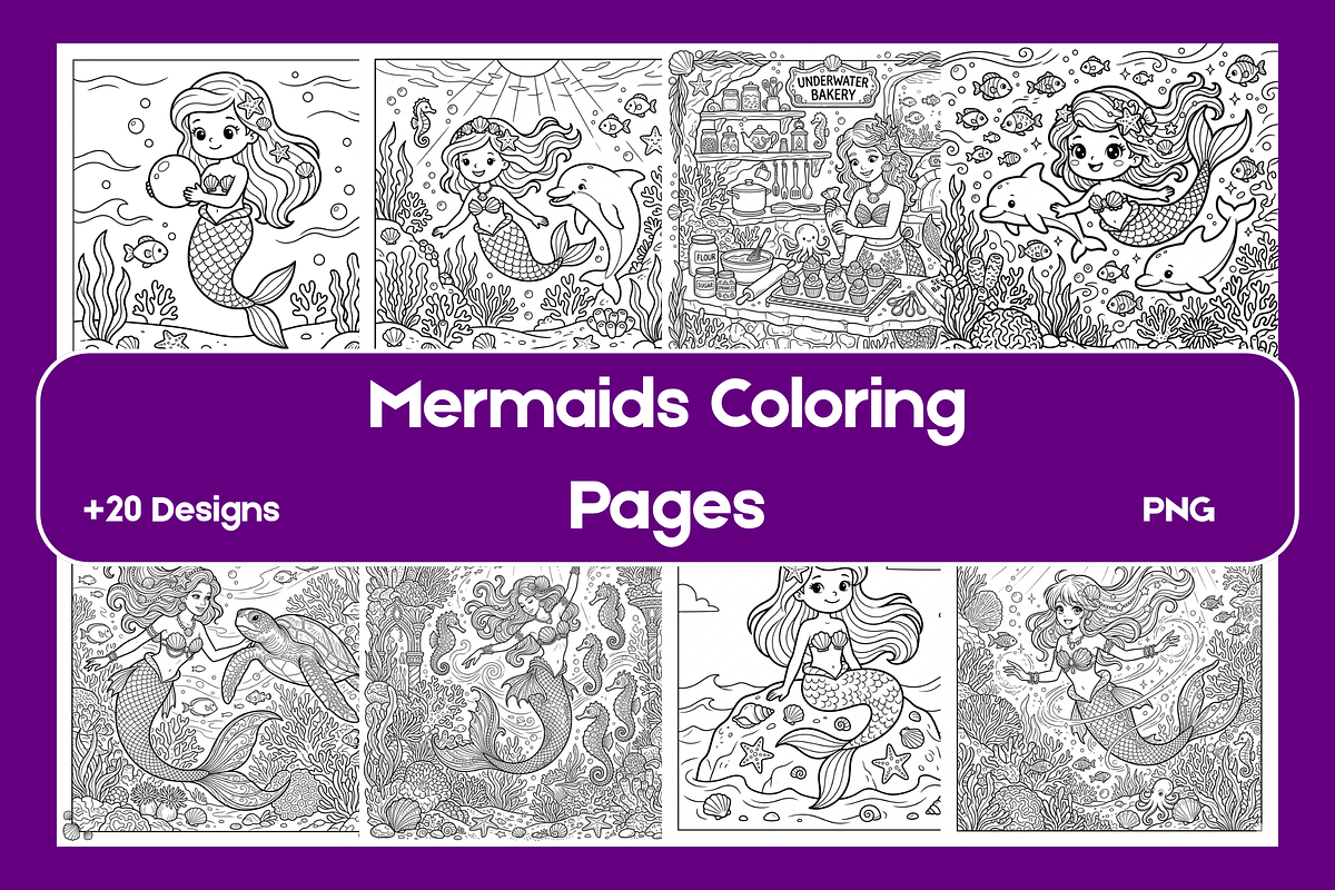 Mermaid Coloring Pages, a Person Illustration by BerryPieArt (Photo 1 of 3)