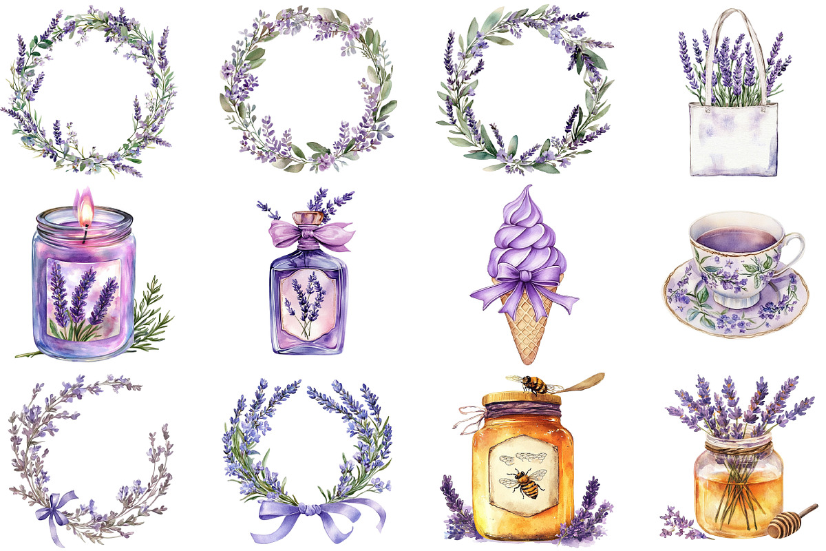 Wild Lavender Watercolor Clipart Set, an Illustration by DreamCafeArt (Photo 2 of 8)