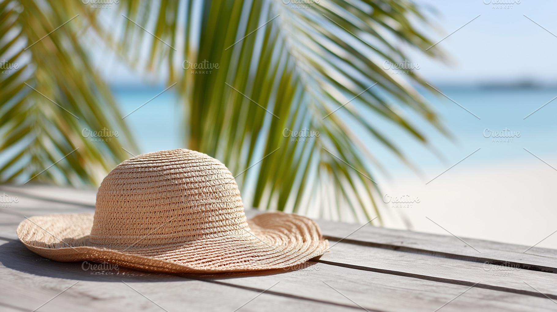 A straw sun hat rests on a wooden, a Nature Photo by MistyDay