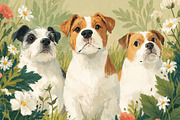 Three happy puppy dogs sitting in a summer meadow, surrounded by colorful wildf, an Illustration by Studio ANNA (Thumbnail 2 of 2)