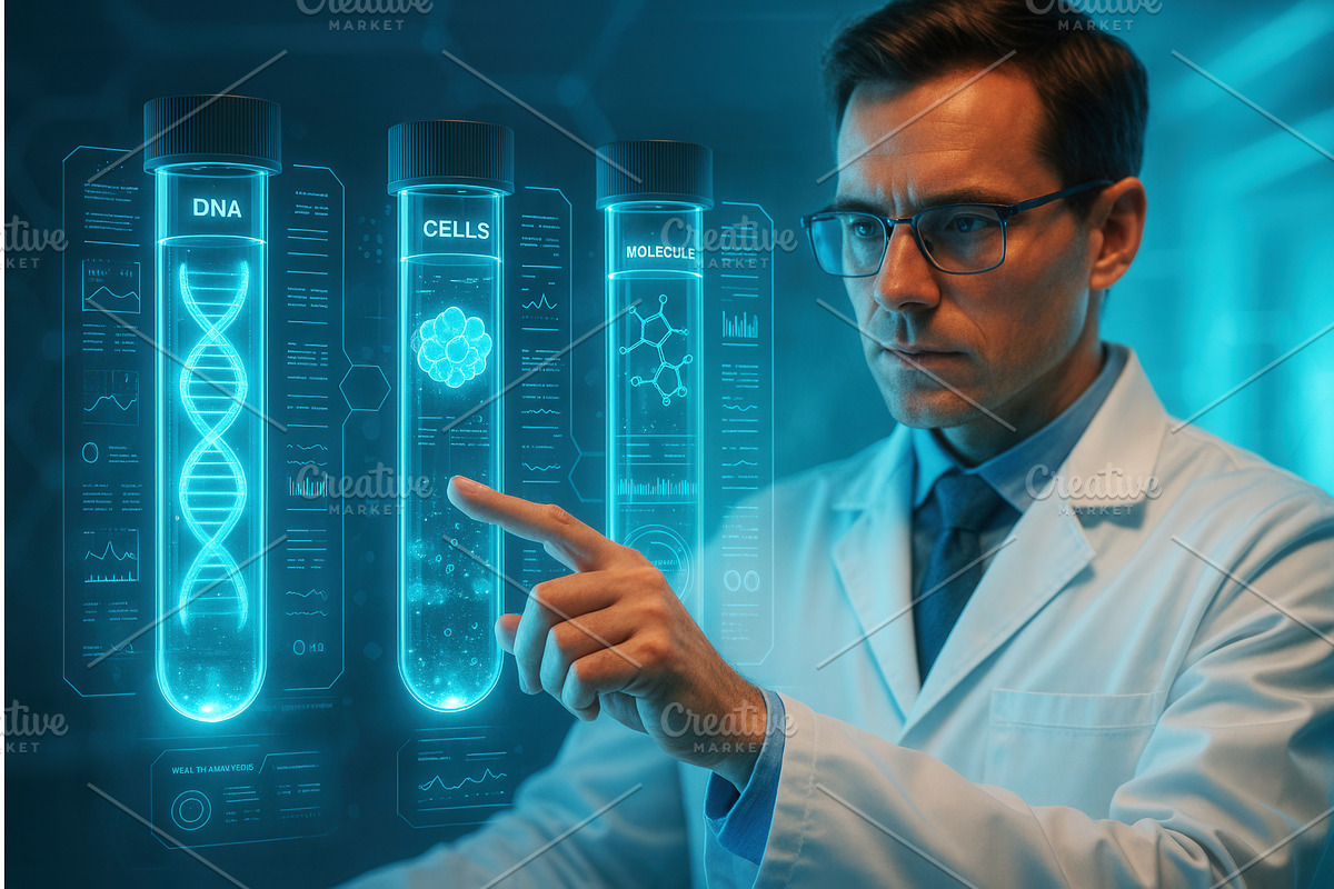 Scientist in a lab coat interacting, an Illustration by Sergey Kotenev
