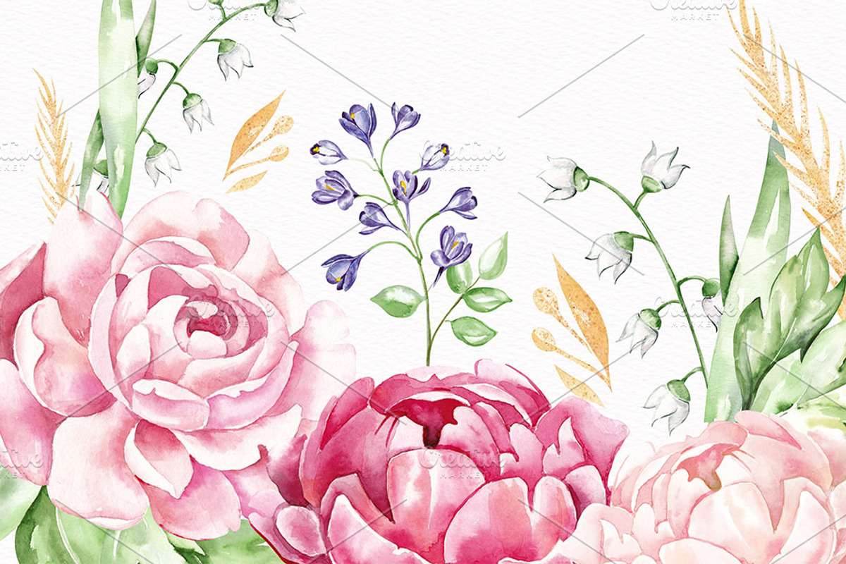 Pink Floral Watercolor Elements, a Decorative Illustration by STASIstudio (Photo 3 of 3)