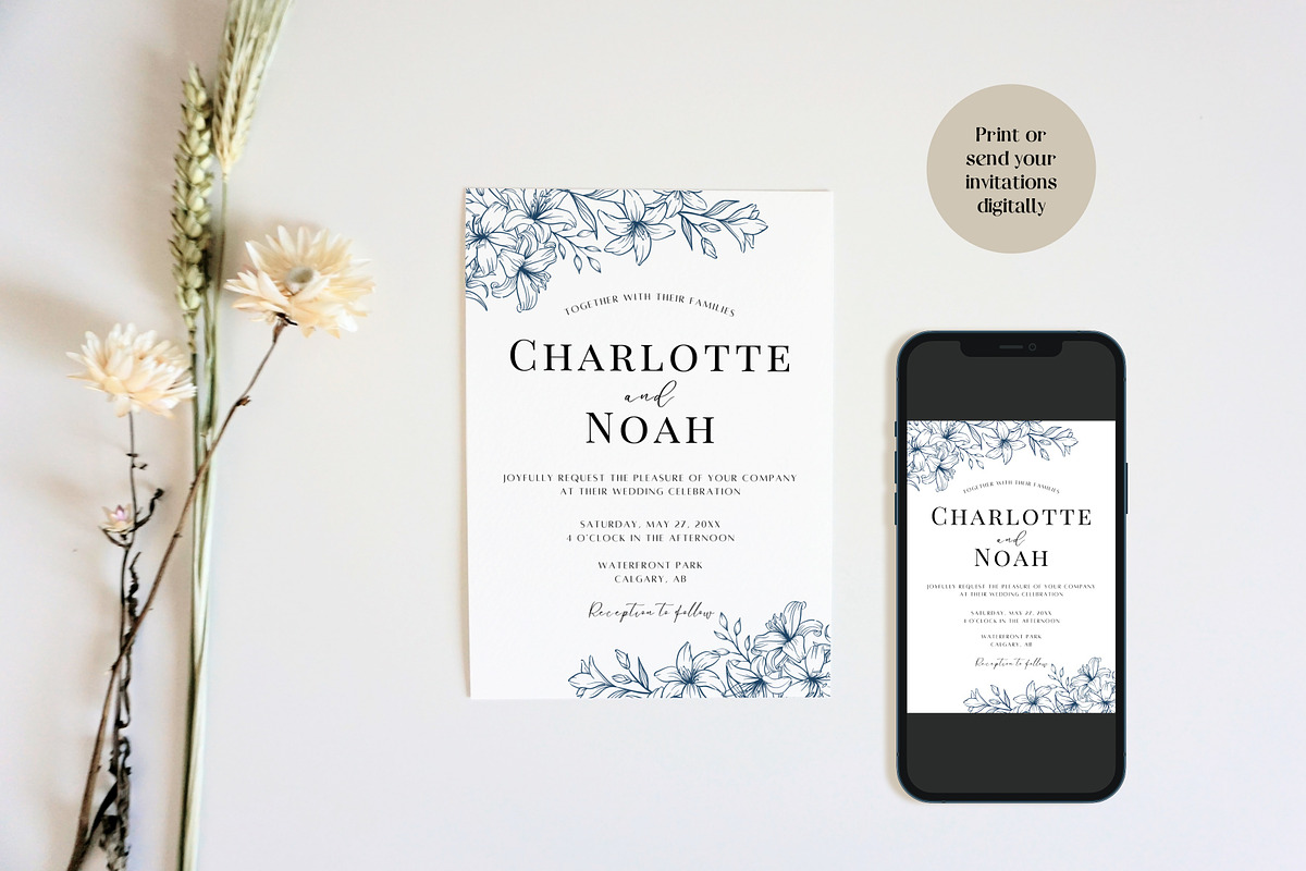 Navy Floral Wedding Invite Templates, an Invitation Template by Cottontail Paper Shop (Photo 3 of 7)