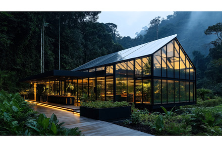 Modern glasshouse restaurant in lush, an Architecture Photo by Sergey Kotenev