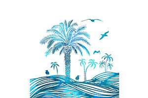 Graphic palm tree with seagulls, an Illustration by Nenahliadava Design