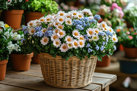 Different spring flowers in wicker basket, a Nature Photo by AlyaAnd