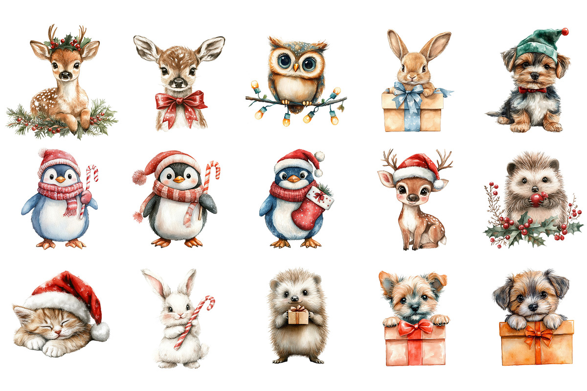 Cute Christmas Animal Clipart, an Illustration by Designking (Photo 2 of 5)