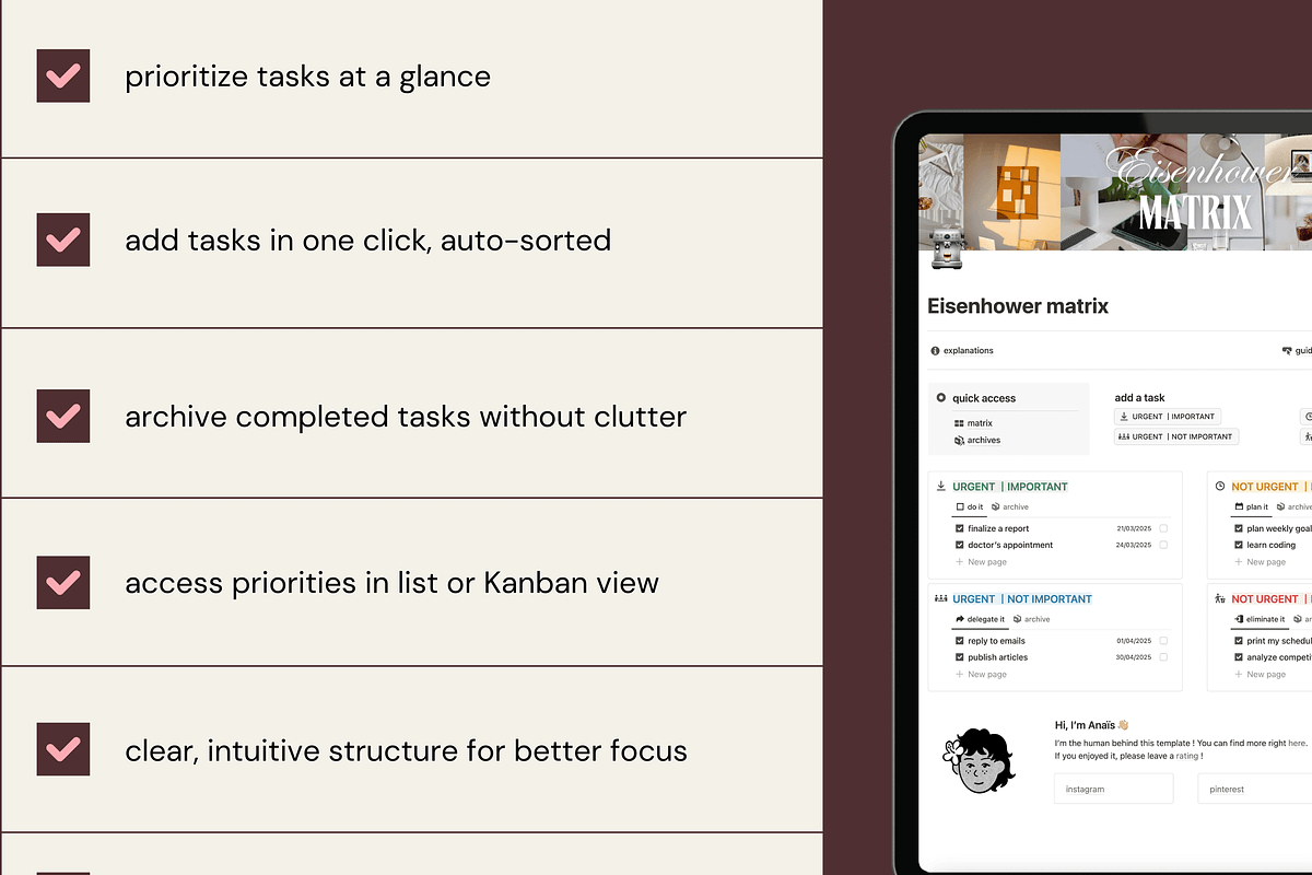 Eisenhower Matrix - Notion template, a Websites & App Template by Iasan Design (Photo 3 of 7)