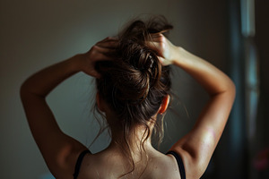 Woman tying her hair using band. Back view, a Person Photo by AlyaAnd
