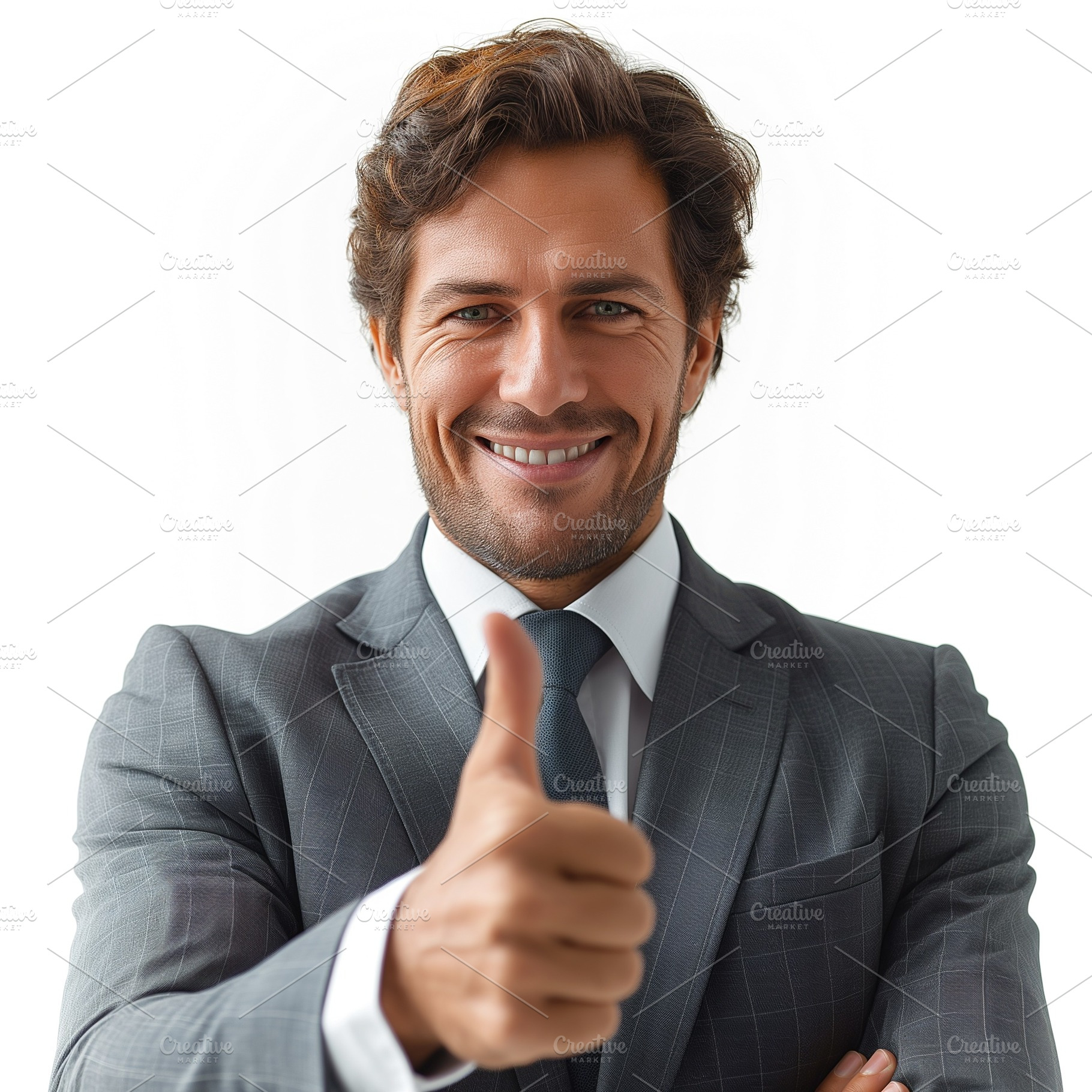 Confident Caucasian man in a suit giving a thumbs up gesture, exuding positivit, a Person Photo by ImageMir
