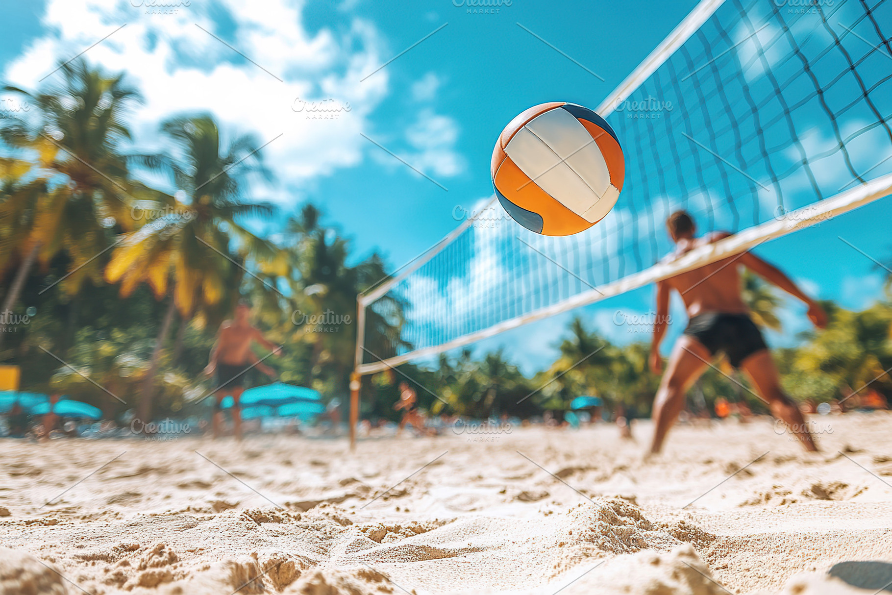 Exciting volleyball match on a sandy beachfront under a bright b, a Sports & Recreation Photo by AlyaAnd