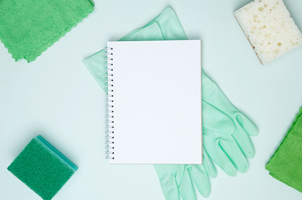 Concept of cleanliness and hygiene. Cleaning supplies and tools, bottles, glove, a Photo by matucha