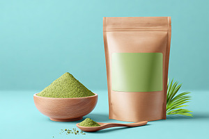 Green powder and packaging displayed on a light background with a wooden bowl a, a Beauty & Fashion Photo by AlyaAnd