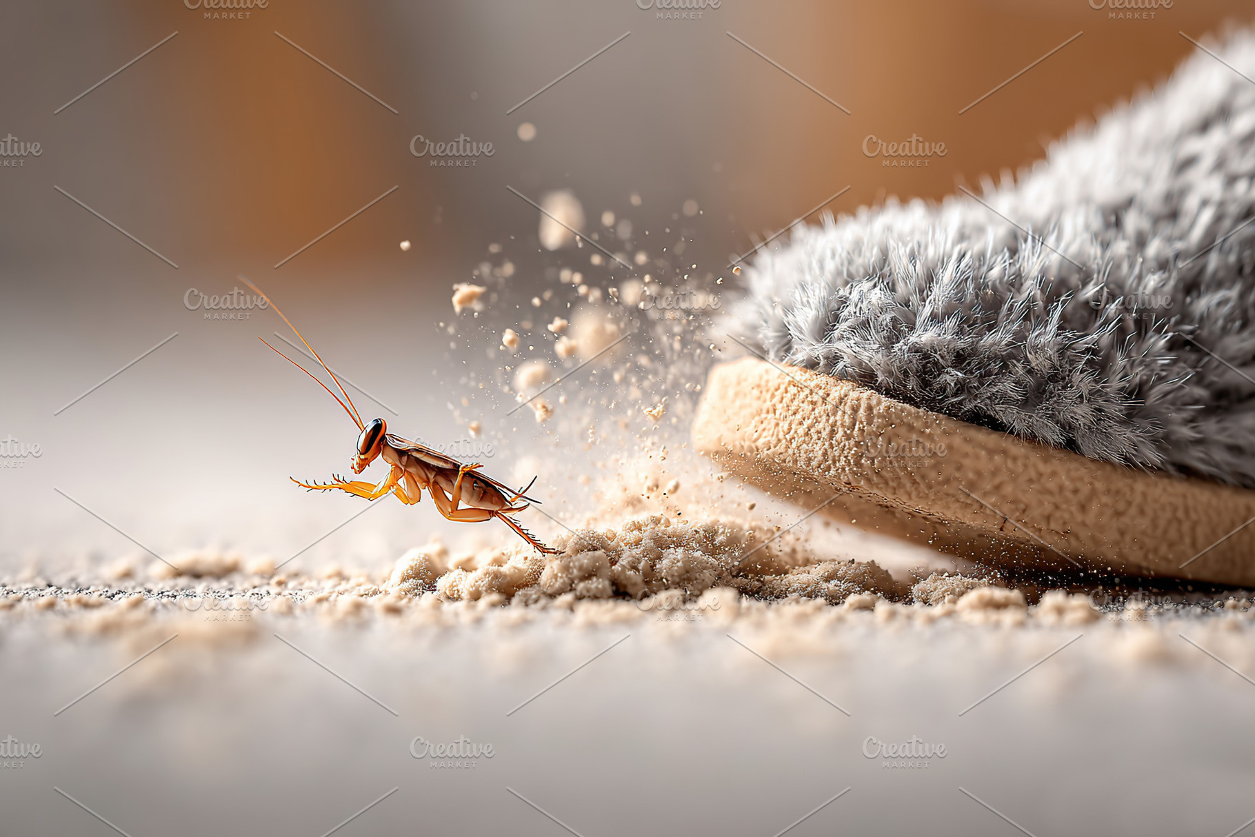 Cockroach leaps away as fuzzy slipper comes down in a close encounter at home, a Photo by AlyaAnd