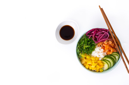 Poke bowl with rice, salmon,cucumber,mango,onion,wakame salad, p, a Food & Drink Photo by etorres69
