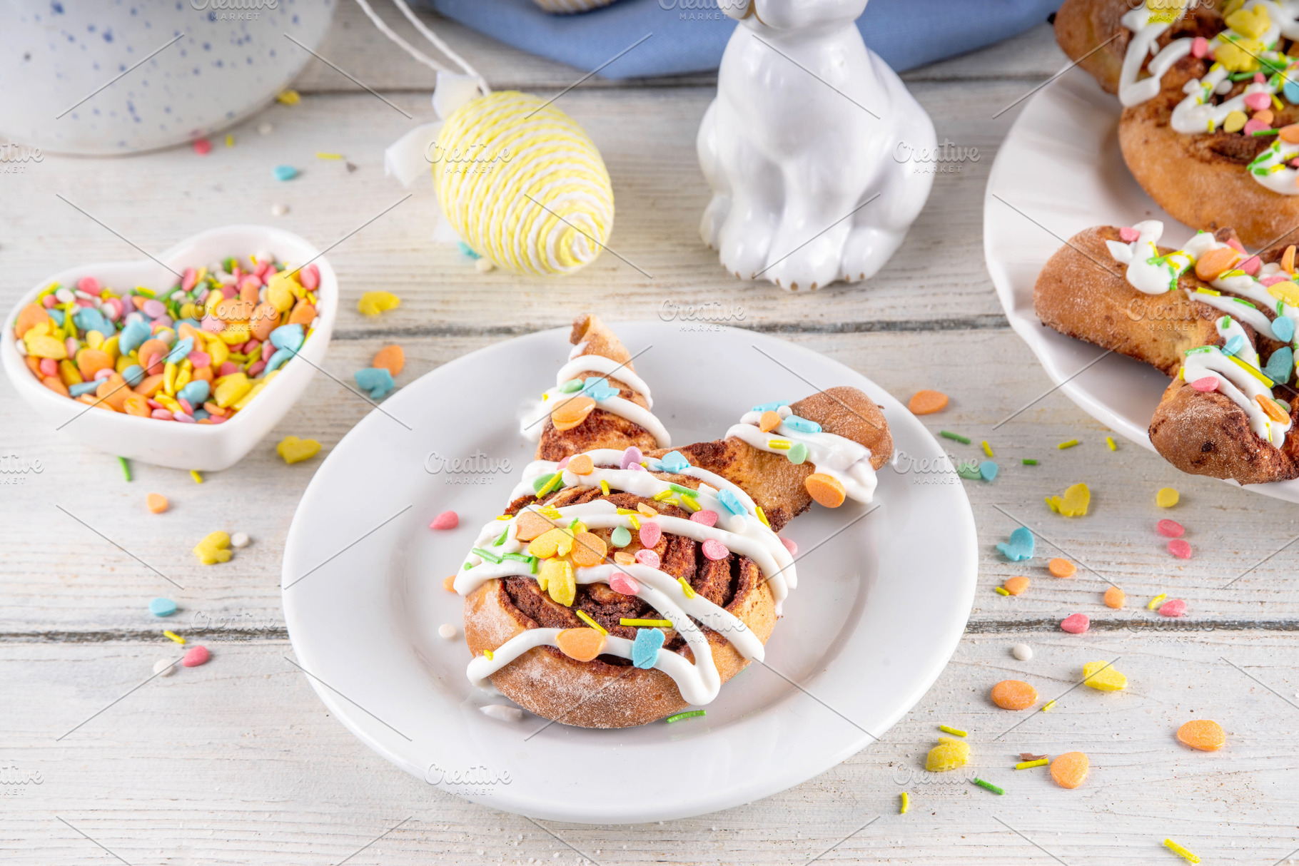 Cute and tasty sweet Easter bunny cinnamon roll buns, a Food & Drink Photo by Rimma