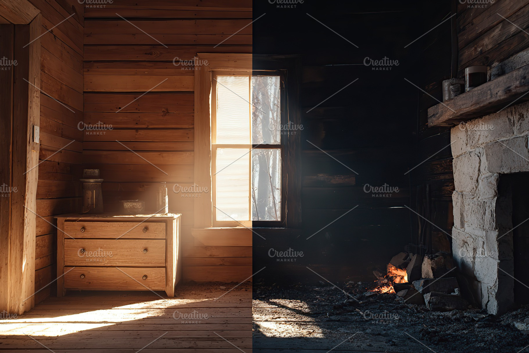 One side shows a bright, sunlit cabin, while the other reveals dark, burnt rema, a Photo by AlyaAnd