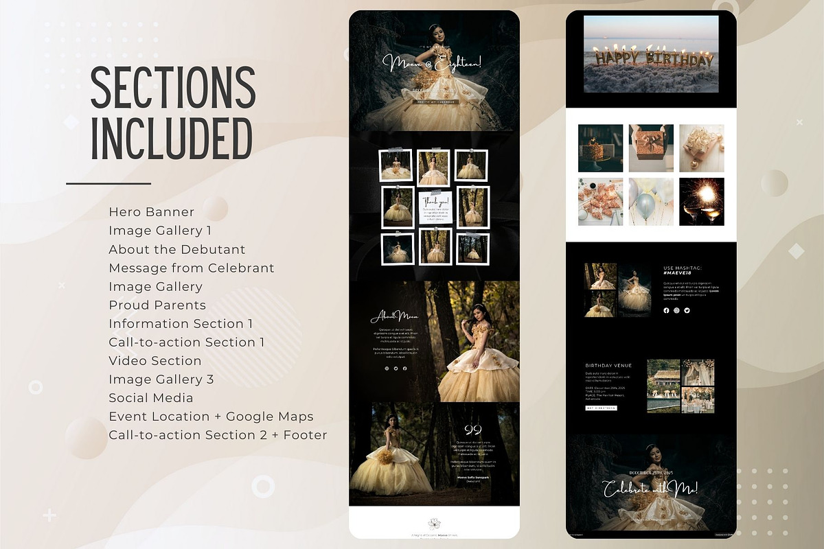 Debutant Birthday Canva Landing Page, a Landing Page Template by Kromatic Design Studio (Photo 11 of 20)