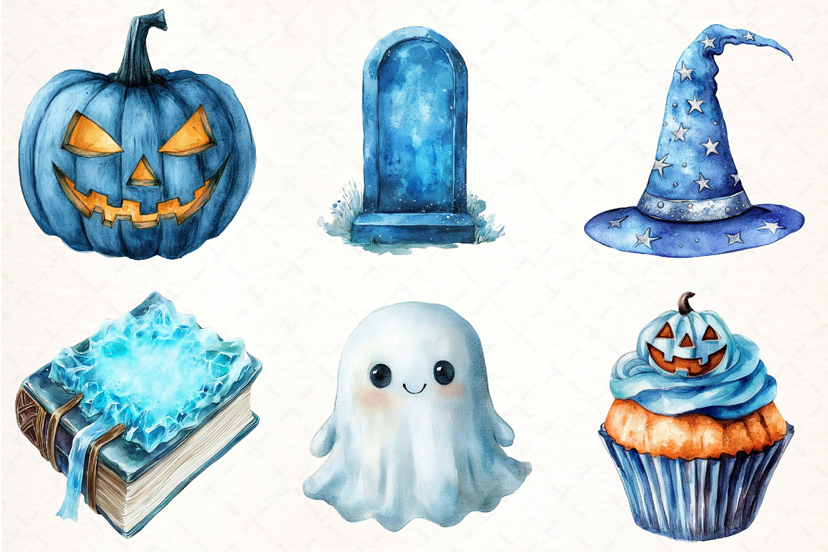 Blue Halloween Bundle Watercolor PNG, an Illustration by Pixels.Craft (Photo 2 of 7)
