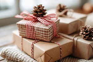 Beautifully wrapped holiday gifts with pine cones, a Holiday Photo by AlyaAnd