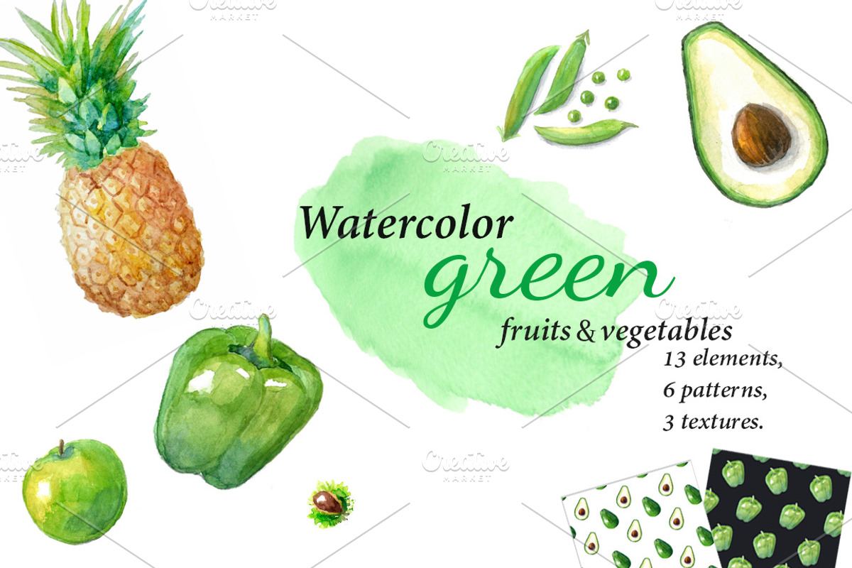 Watercolor green fruits,vegetables., a Food Illustration by yulia.sukhanova (Photo 1 of 3)