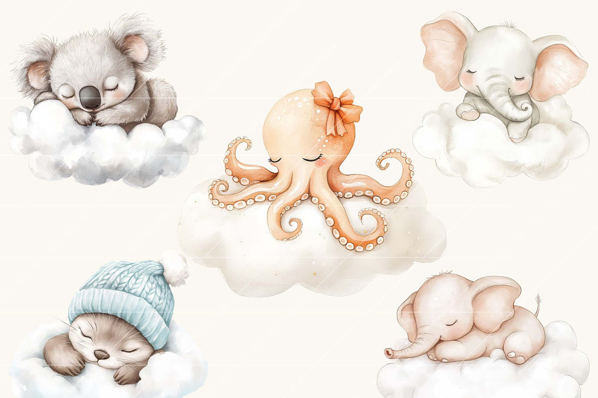 Watercolor Animals in Clouds Clipart, an Animal Illustration by SparkyDesignsUS (Photo 4 of 9)