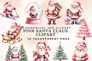 Watercolor Pink Santa Claus Clipart