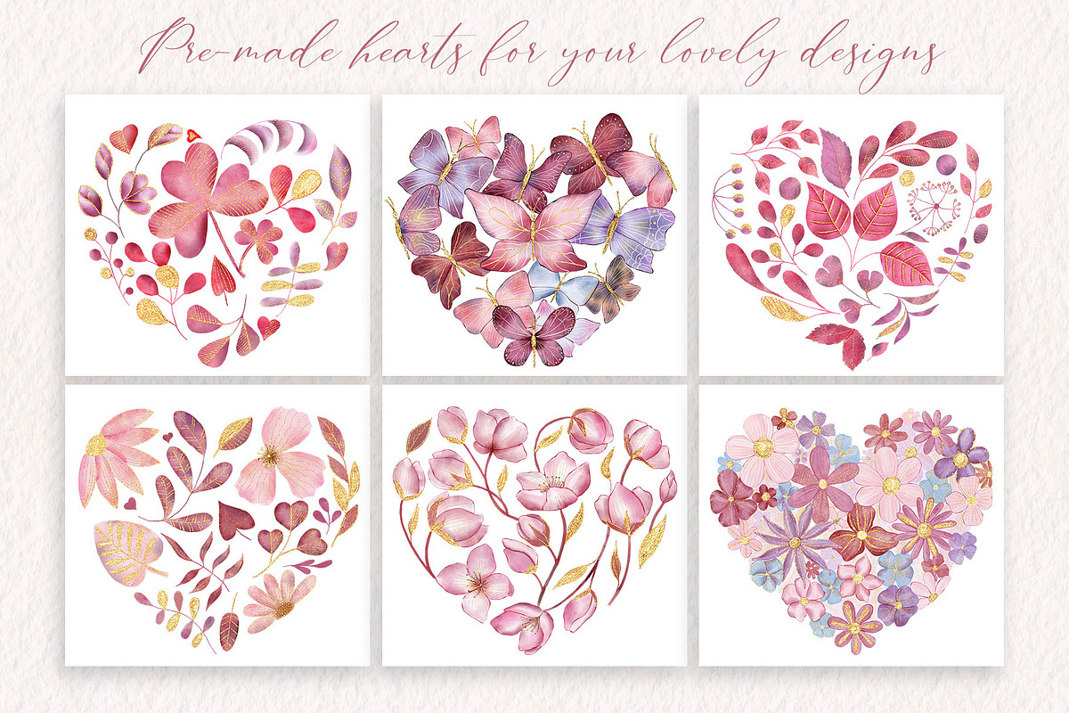 Watercolor hearts and patterns, an Illustration by TatiArti (Photo 3 of 8)