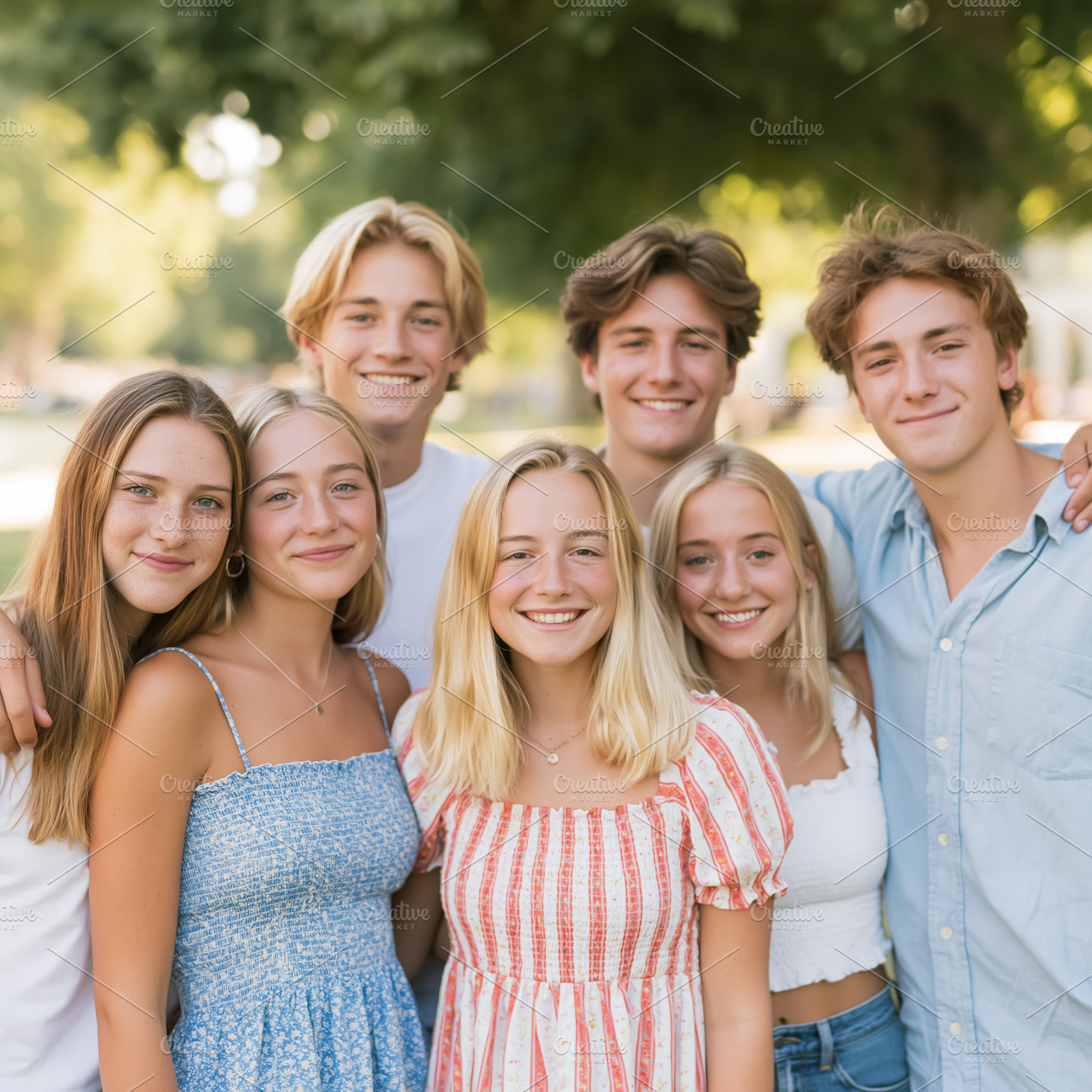 Six teenagers gathering closely, smiling while outdoors on a sun, a Person Photo by Studio ANNA
