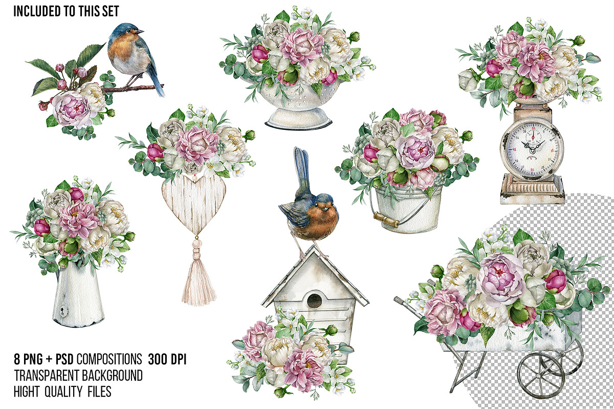 White peonies flower bouquet clipart, an Object Illustration by yana.fefelova (Photo 2 of 5)